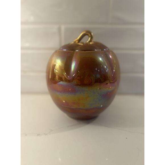 Vtg Fall Pumpkin Canister Orange Lusterware Iridescent Gold Lid Stem Cookie Jar - Picture 4 of 12